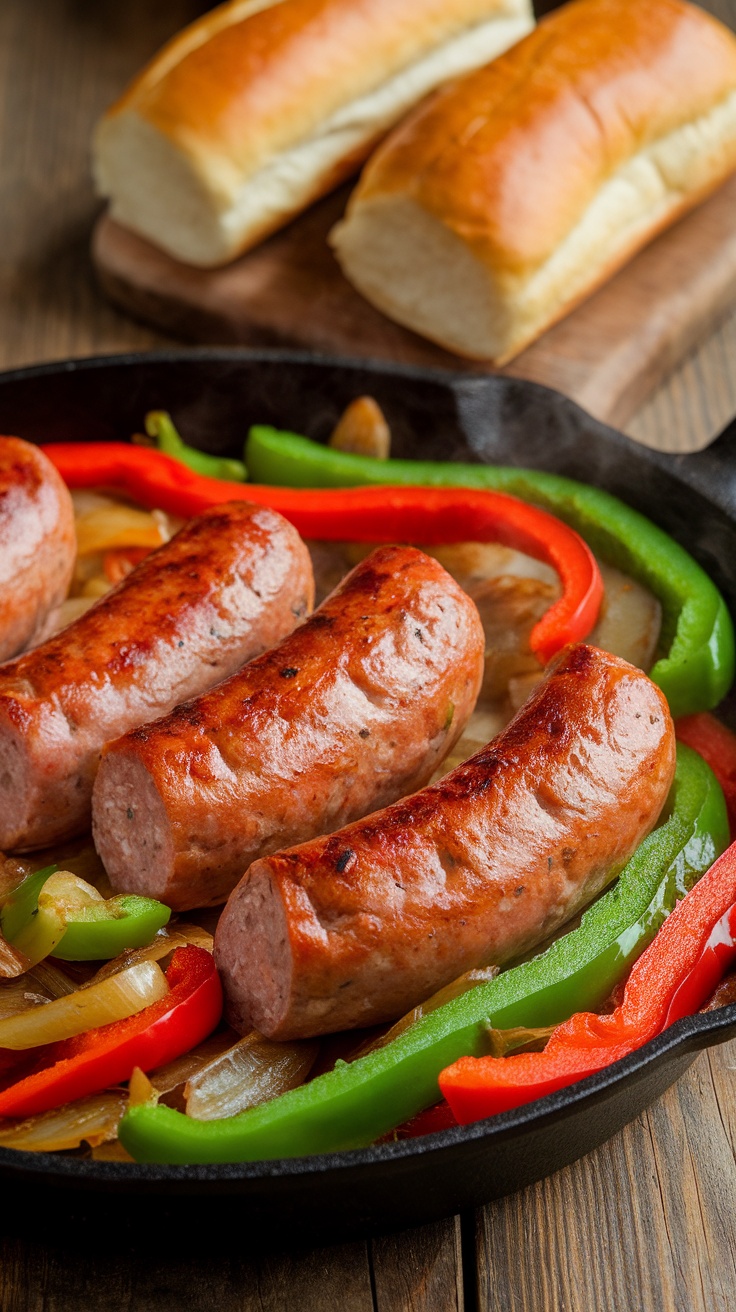 A delicious plate of Italian sausage with peppers and onions, served with hoagie rolls, on a rustic wooden table.